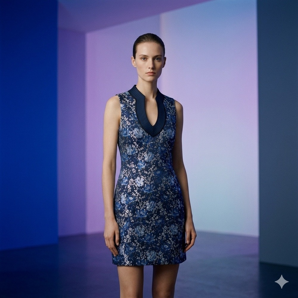 Belle Badgley Mischka Fairygoth Blue Silver Floral Jacquard Dress Sz 6 Notched V